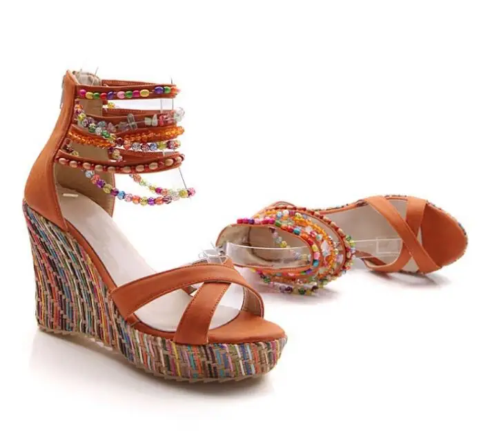 up-0053r Summer women platform sandals 43size new model bohemian style beaded women wedges shoes