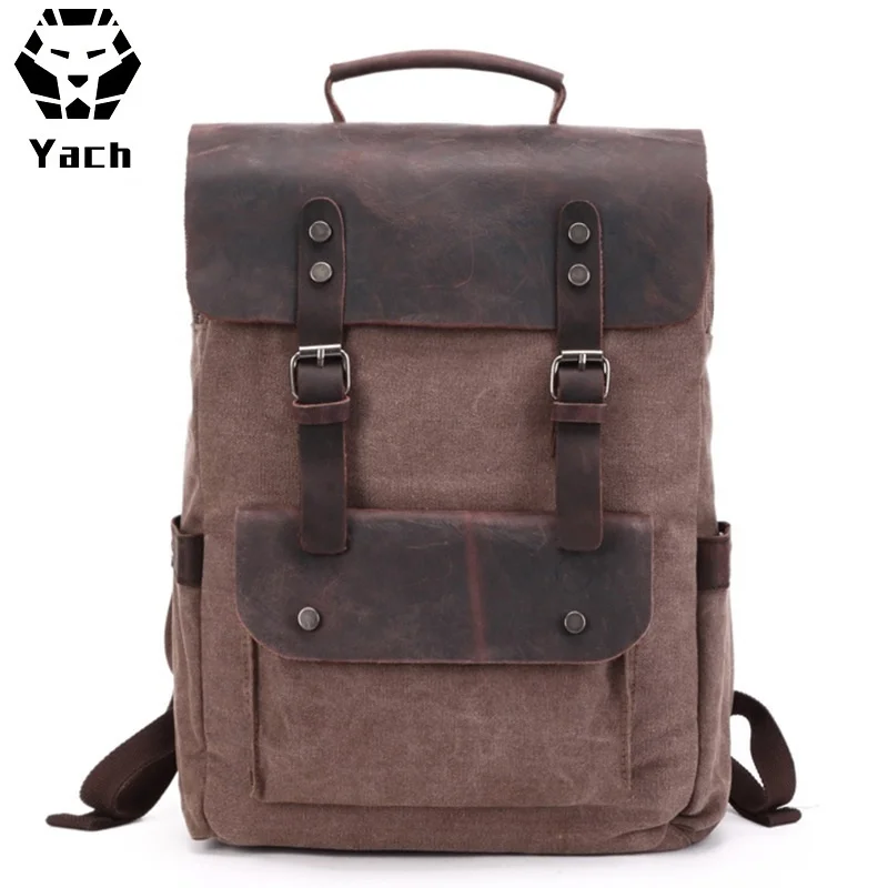 Retro 16Oz washed design daily durable crazy rucksack man back pack bag laptop school mens waxed canvas leather backpack