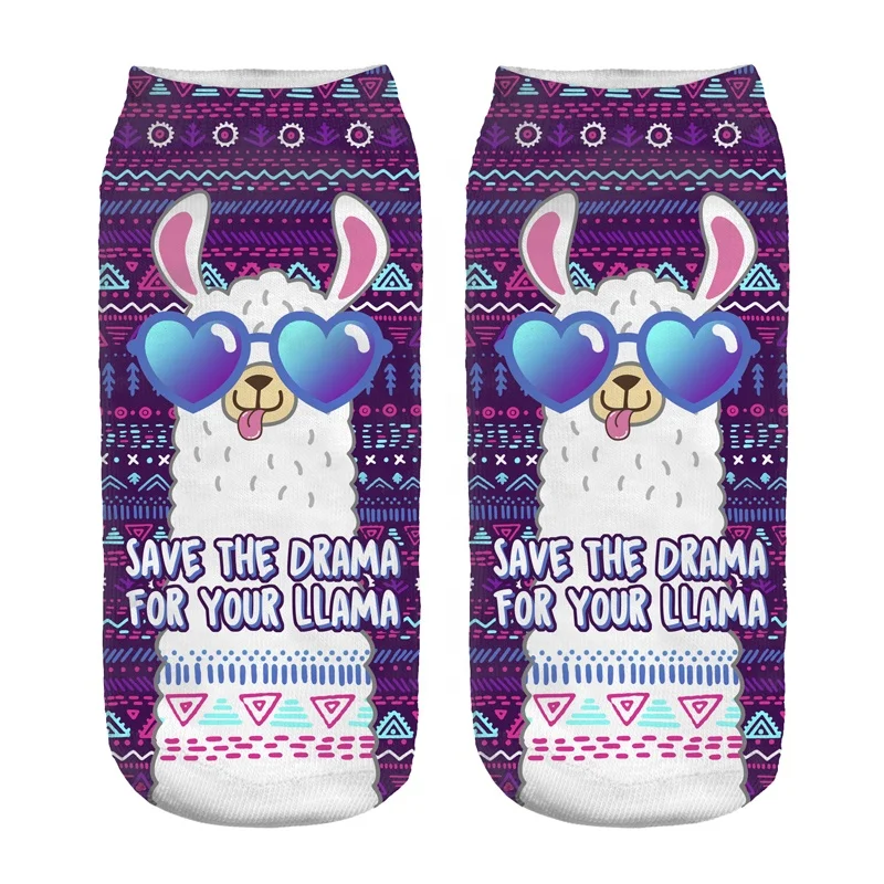 New fashion wholesale lady cartoon ankle socks all over print  llama sublimation custom design women short socks