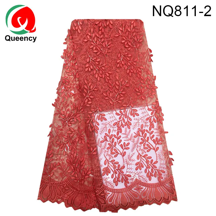 
Queency African French Bridal Lace Fabric With Stone Embroidered Chantilly Flower French Tulle Lace With 3D Foliage Net lace 