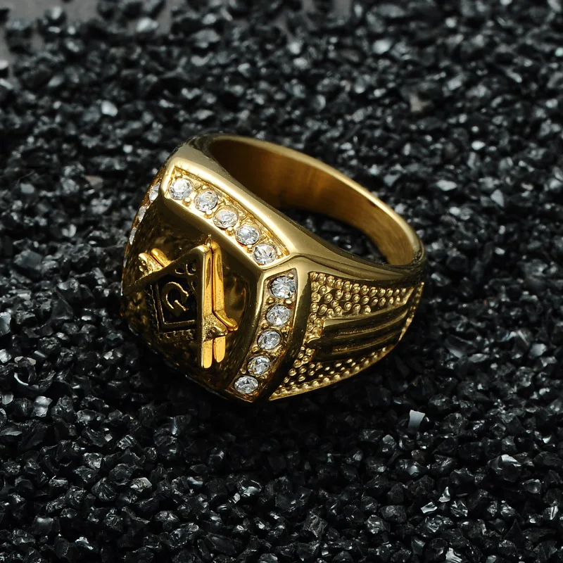 
Master Freemason Masonic Signet Rings Stainless Steel Iced Out Crystal Bling Gold Ring for Men Hip Hop Jewelry 
