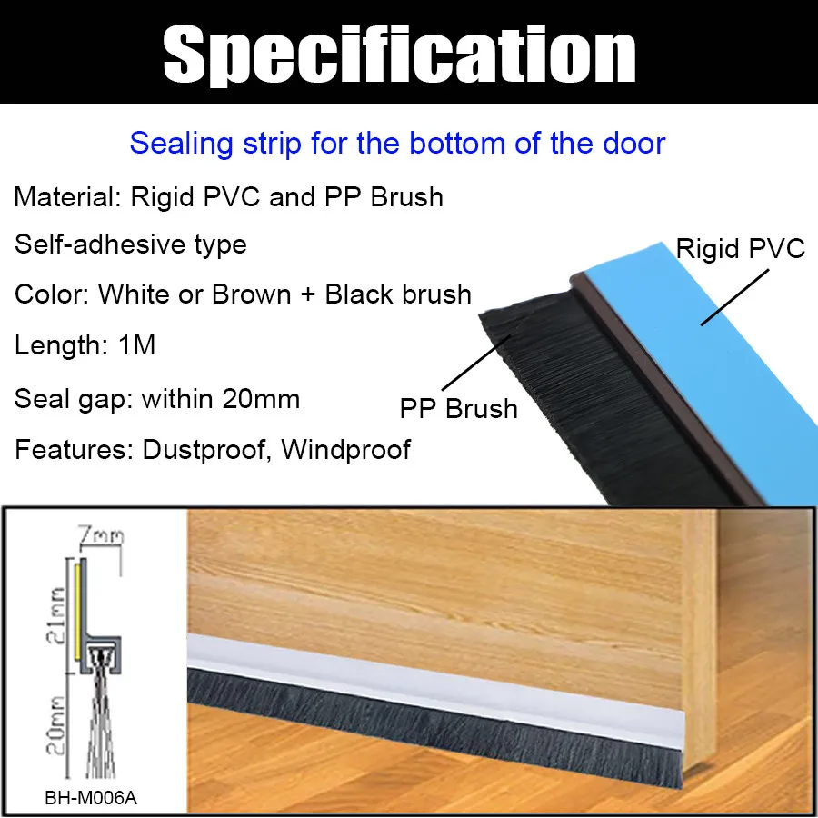 Self Adhesive Under Door Bottom Seal Weather Striping White PVC & PP Brush Strip Draught Excluder Sweep Dustproof Windproof