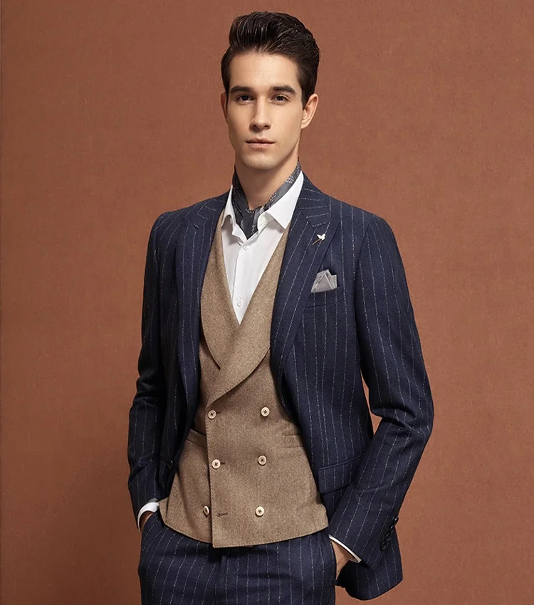 2019 Amazon top sale high quality three piece navy color stripe suit