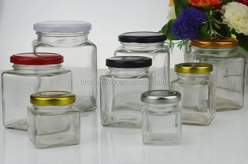 stocked variety of styles and sizes victorian square glass jar for honey, jam