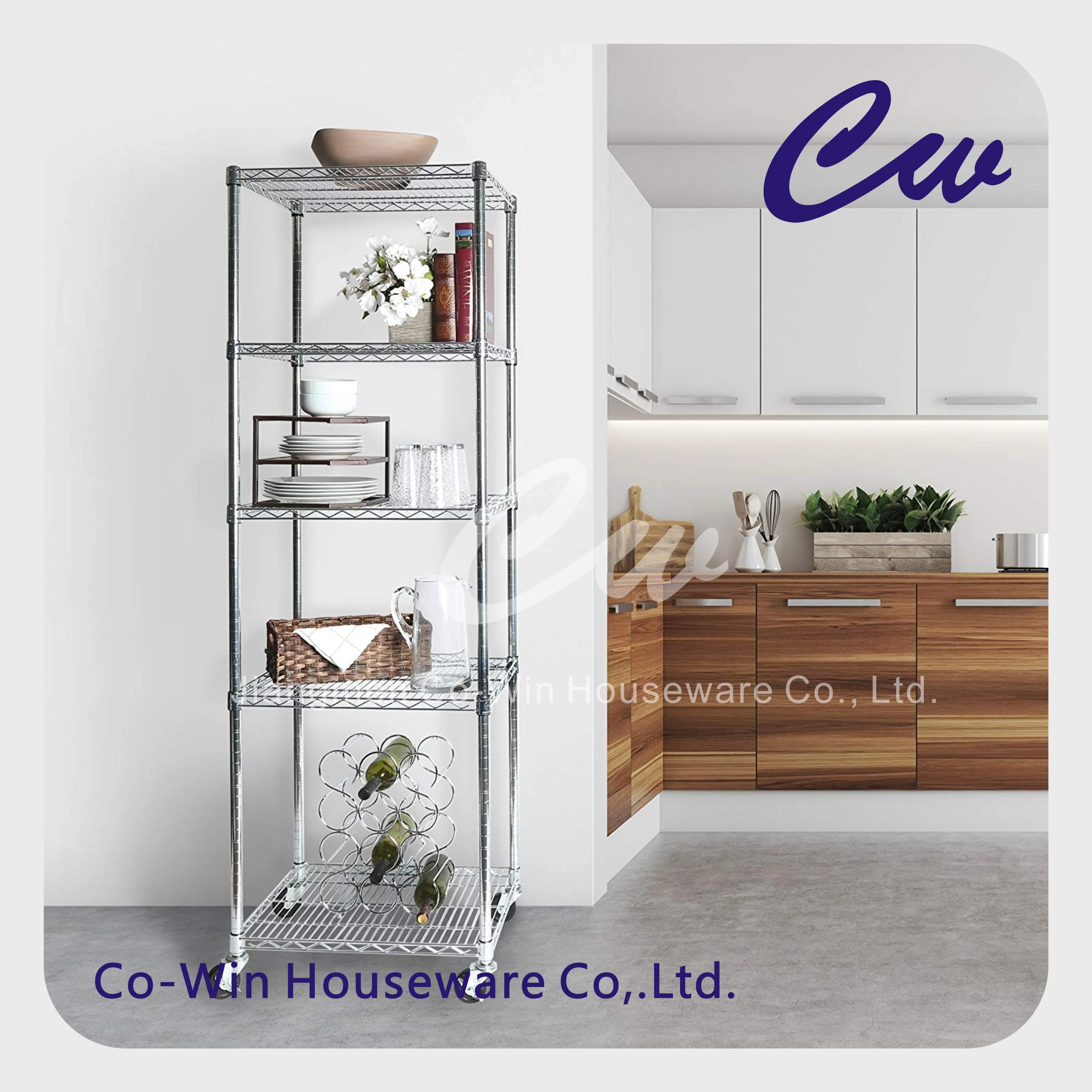 Kitchen Office Metal Iron Multifunction Square Rolling Storage Organizer Shelves Rack with Wheels 5 Tier Wire Shelving
