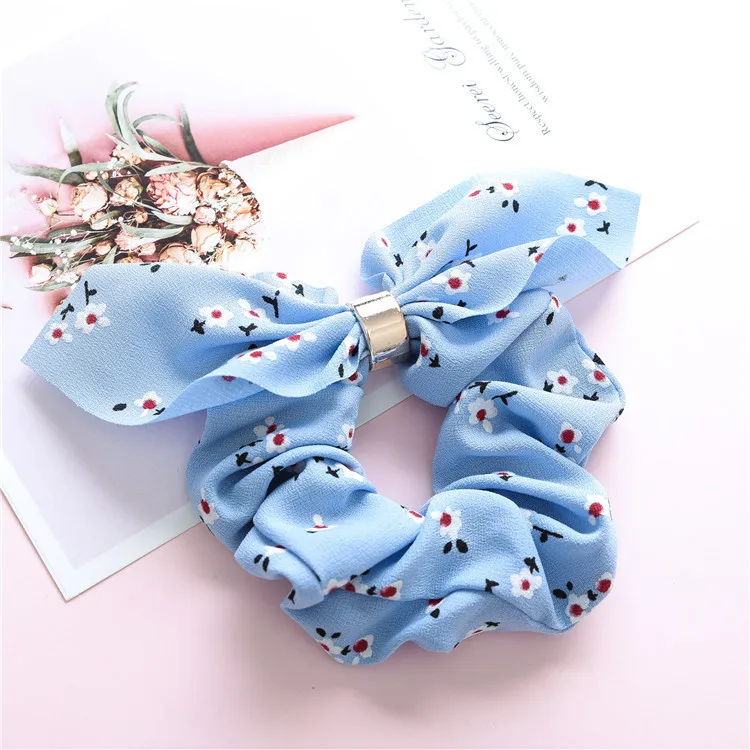 Fashion flower print hair scrunchies bunny ear ponytail holder hair ties women