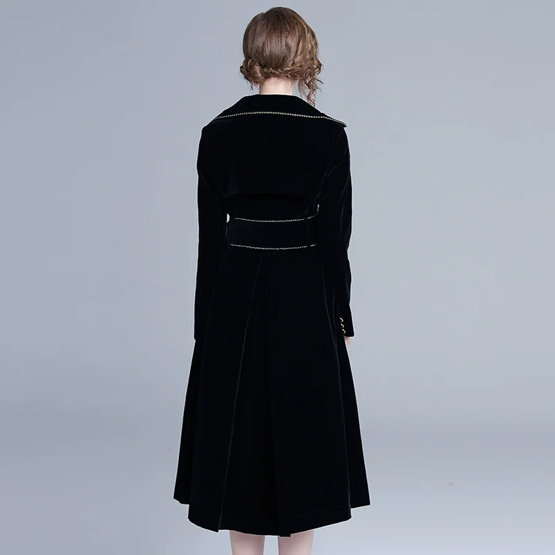 
Hepburn Style European and American Women Fashion Lines Patchwork Double Breasted A Line Velvet Black Coat 