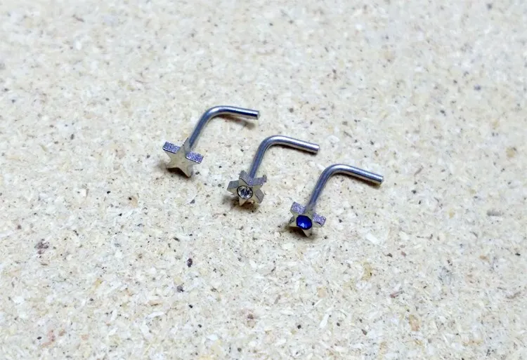 CZ Gem L Bend Nose Ring,3D Logo Steel Nose Pin Hot Sale