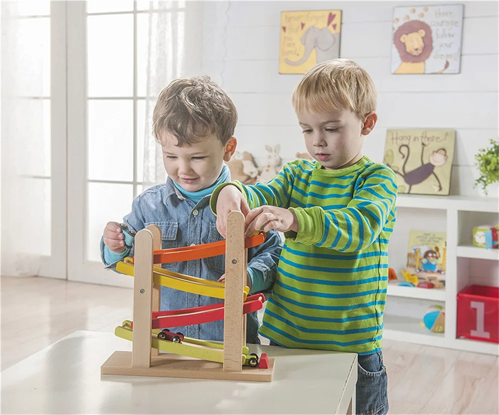 Wooden Ramp Racer Race Track for Toddlers and 4 Wood Cars, Race Car Ramp Set