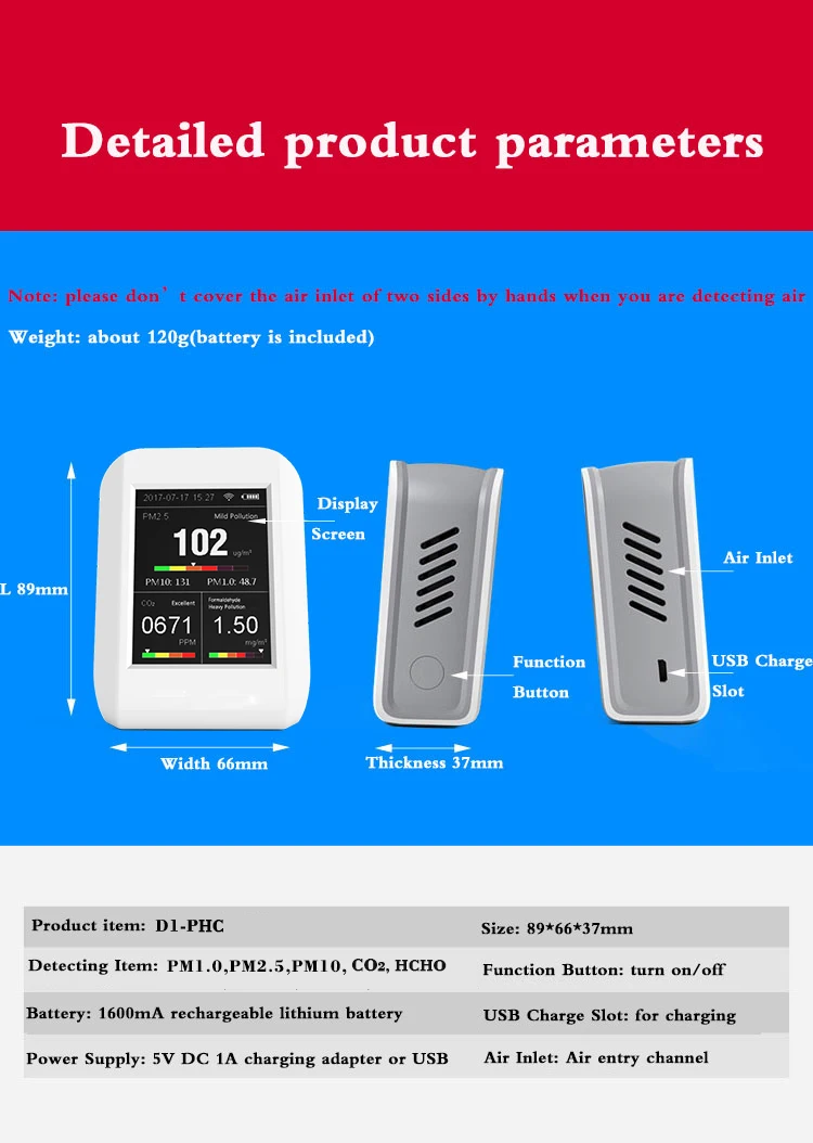 
Promotion Product Portable Air Quality Monitor PM 2.5 CO2 Carbon Dioxide HCHO Formaldehyde Detector Air Particle Counter 