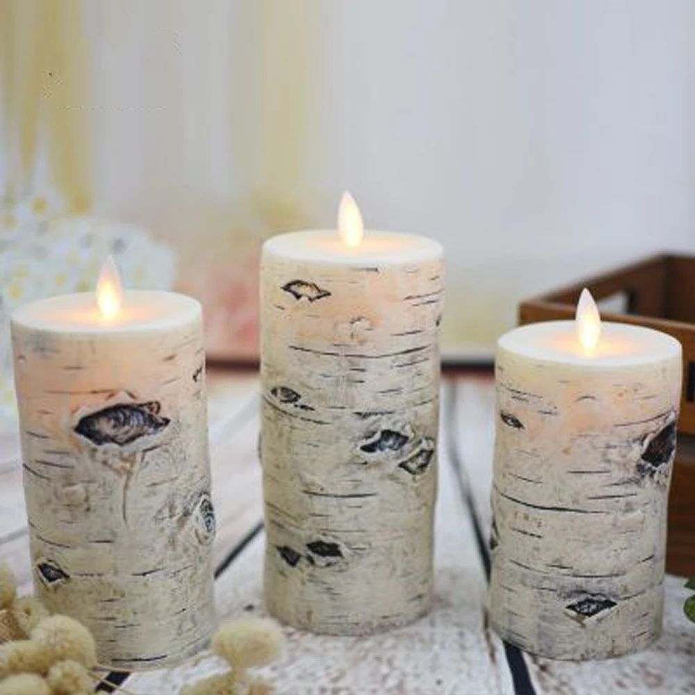 
Birth Tree Texture Flameless LED Real Wax Flickerling Moving Wick Pillar Candle With Timer Remote Control 