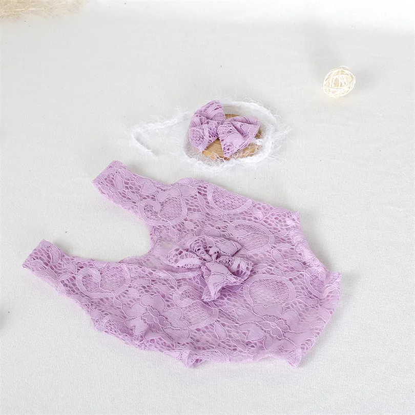 PWPROPS White Newborn Lace Outfit Photo Prop soft Baby Girl Romper Headband Set