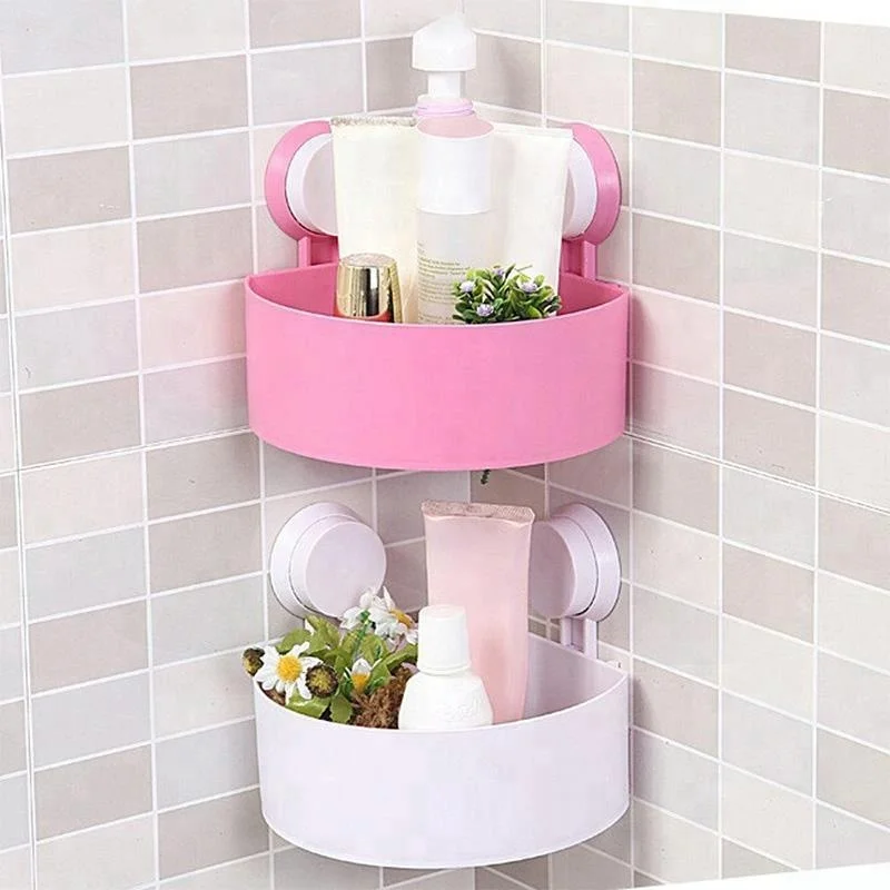 Factory Wholesale Bathroom Wall Mounted Shampoo Soap Basket Plastic Corner Suction Shower Caddy Shelf