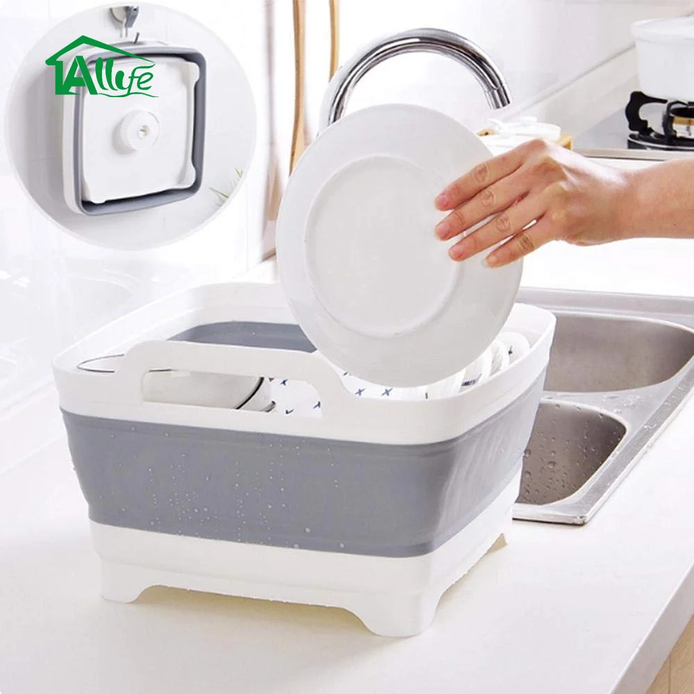Plastic Dish Tub Small with drain Collapsible Food Strainers DishPan Colander Over the Sink Dish Drainer