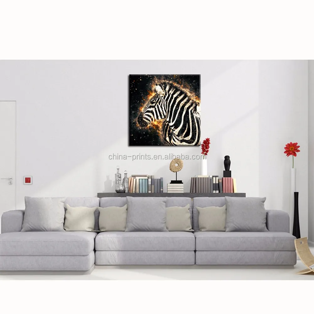 African Zebra with Fire Wall Art/Abstract Animal Picture Giclee Artwork/Modern Black and White Canvas Art