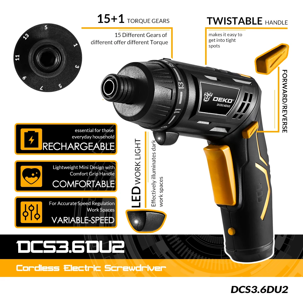  Электрический бытовой светодиодный фонарик DEKO DCS3.6DU2 Вращающаяся ручка аккумуляторная отвертка