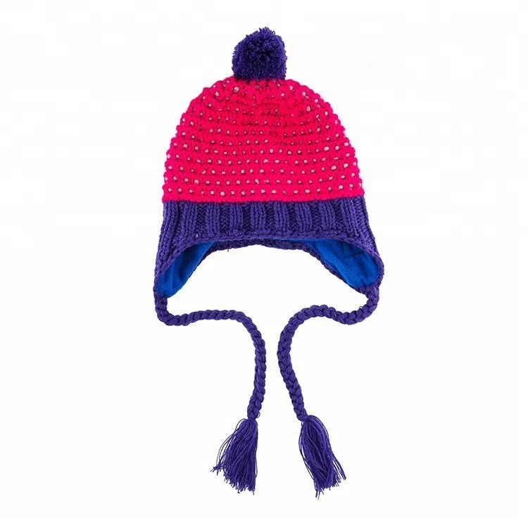 Children Soft Warm Knitted Ear Flap Pompom Beanie Hats For Winter Fall Spring