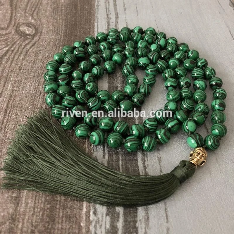 ST0447 Green Malachite Mala 108 Beads Buddha Prayer Beads Meditation Tassel Mala Hand Knotted Necklace