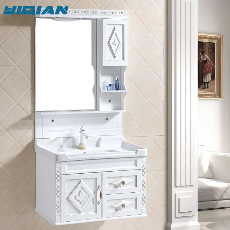 Modern Simple Wall Mounted White and Golden PVC Bathroom Wash Basin Vanity or Cabinet Furniture