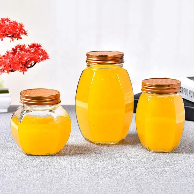 380ML  730ML Honey Jam  Beverage Hexagonal Square Glass Jar With Screw Lid