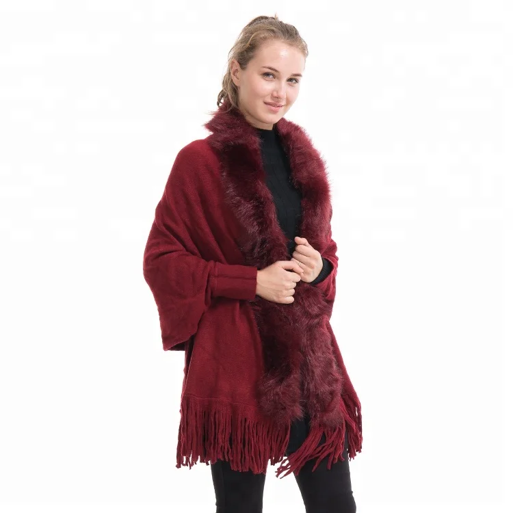 
woman winter faux-fur trimmed ponchos with fringe alpaca wool ruana shawl coat 