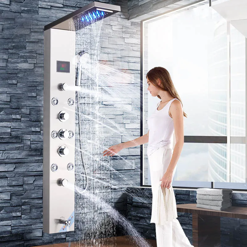 
Luxury LED Shower Column Faucet Brushed Nickel SPA Massage Jet Shower Panel Tower Tap Digital Temperature Screen Bathroom Faucet 