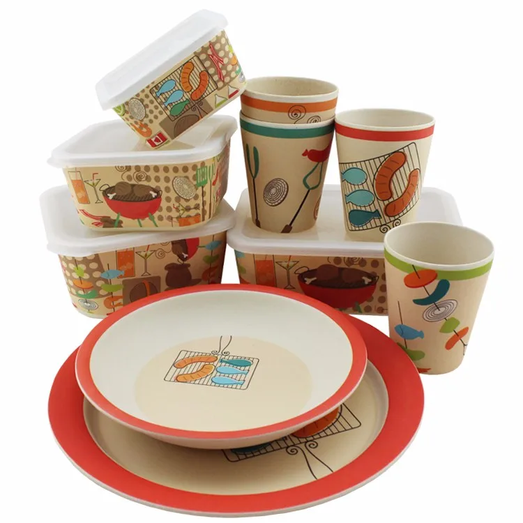 new design and eco friendly bio bamboo fibre kids dinnerware; 6pcs, plate+cup+bowl+fork+spoon+lunch box