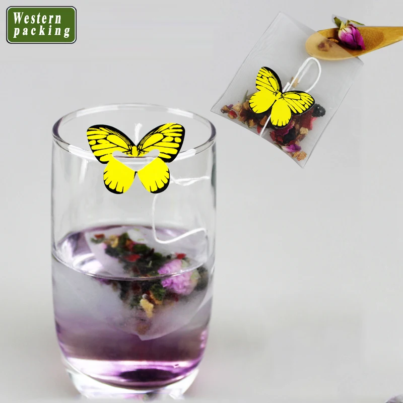Customized logo printed empty nylon drawstring tea mesh bag with butterfly tag