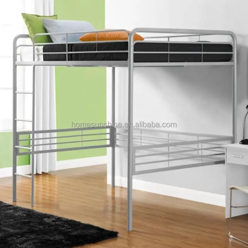 
Full Size Metal Frame Loft Bed with Built-In Ladder Slat System Silver Finish 