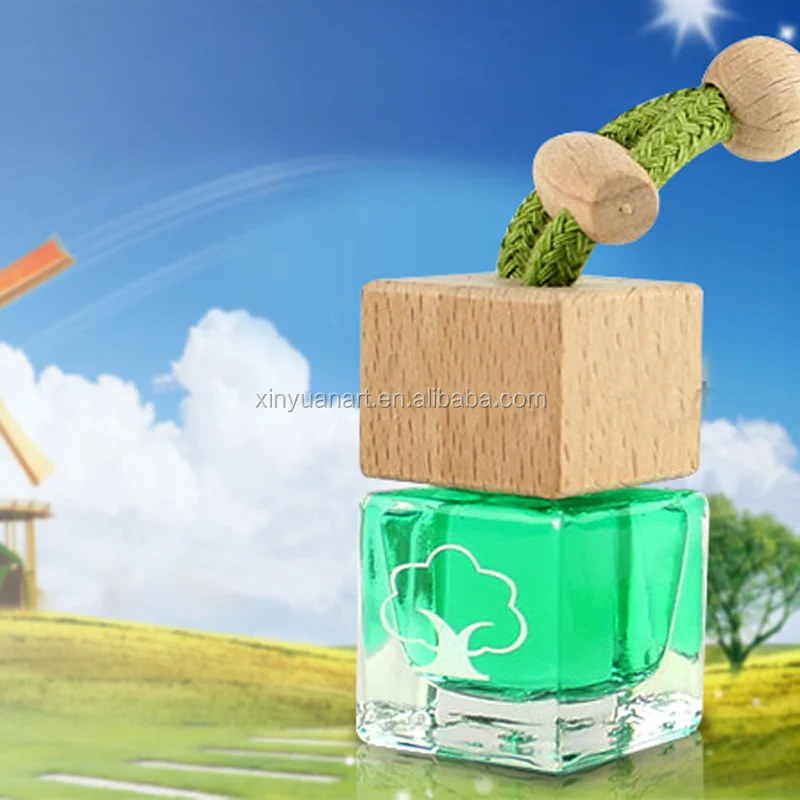 Оптовая продажа, стеклянная бутылка 8 мл квадратной формы, освежитель воздуха, автомобильный парфюм с деревянной крышкой