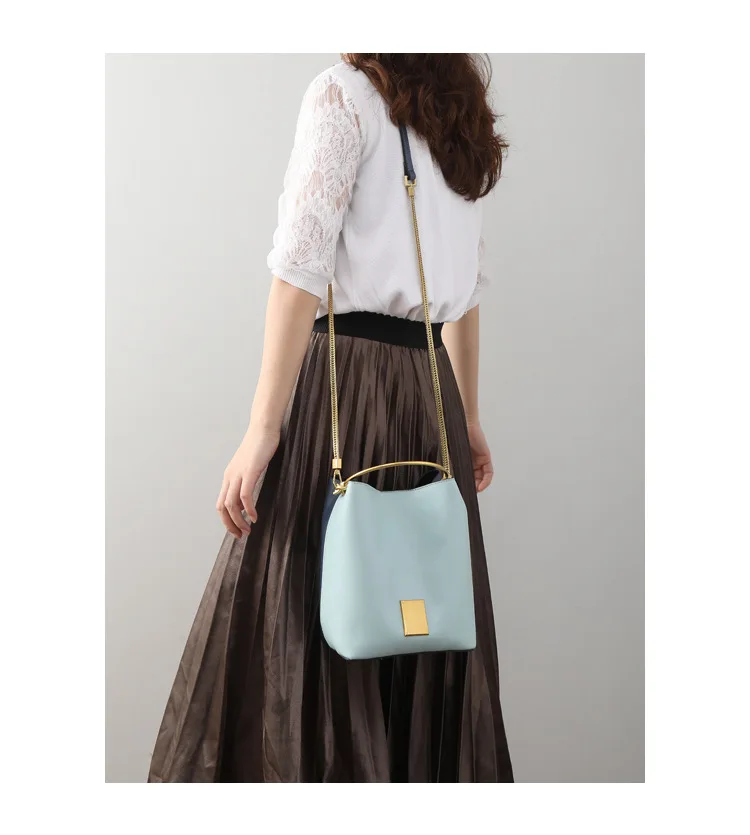 Patchwork Chain Women Leather Bucket Bag Handbag with Metal Handle Shoulder Bag