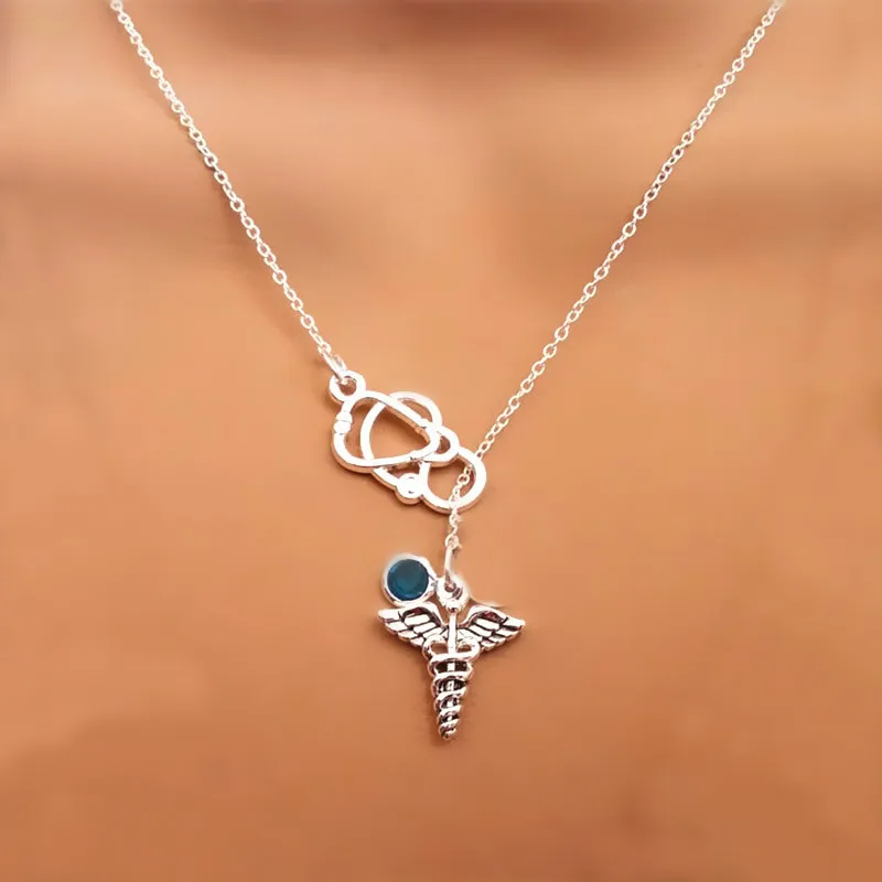 Medical Caduceus MD Gift Crystal Birthstone Lariat Style Necklace
