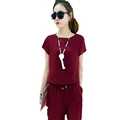 Sport Suit Women 2016 Summer Fashion Two piece Short sleeved Chiffon Unlined Upper Garment Wide legged