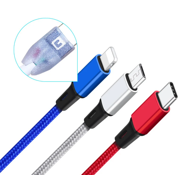 Многофункциональное зарядное устройство для телефона 5 В/2,4 А, нейлоновый хлопковый Плетеный Micro Lightn Type C 3 в 1, Usb-кабель