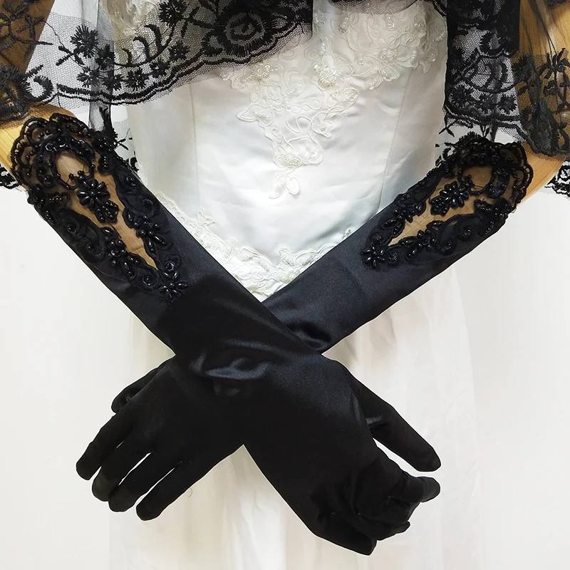 
with appliqued lace pearl beaded elbow length wedding bridal gloves 