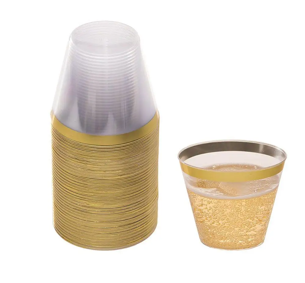 9 Oz  Gold rim Clear Plastic Cups Old Fashioned Tumblers Gold Rimmed Cups Fancy Disposable Wedding Cups