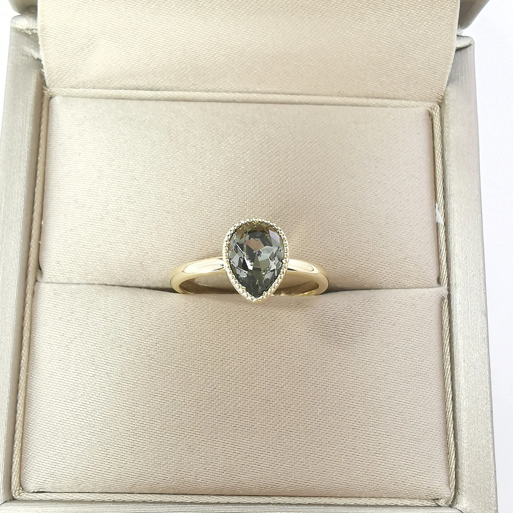 Solid 9k Rose Gold Natural Diamonds Engagement Wedding Ring Pear Crystal Ring Fine Jewelry Women