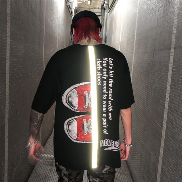 Летняя футболка с короткими рукавами в стиле хип-хоп свободная посадка модный светоотражающий принт Мужская футболка