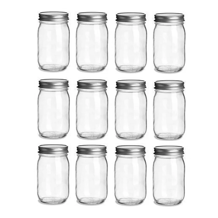 Hot sale 8 16 oz Glass Tall Mason Canning Jars with Black Silver and Gold Metal Lid
