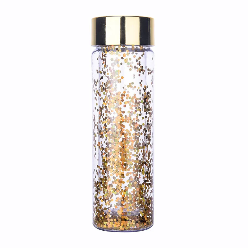 Zogift double wall shiny plastic cup with shiny lid gift cup 600ml rose gold water bottle