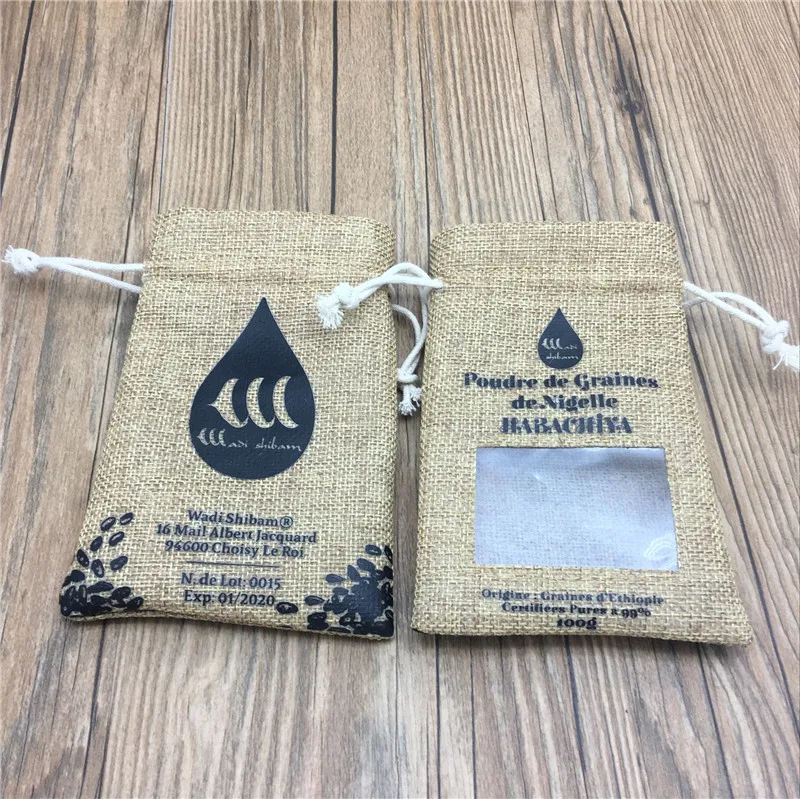 Customized logo PVC window small jute bag for black seeds