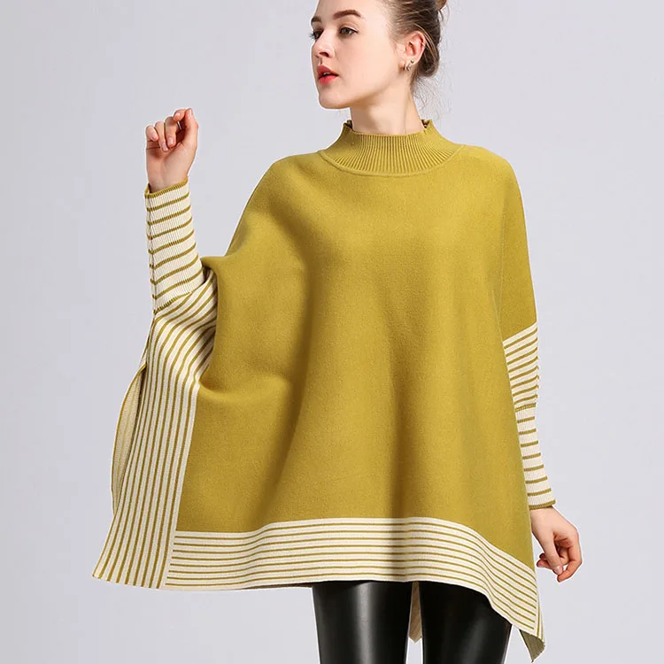 Новое поступление, осенне зимний Свободный пуловер в полоску, Вязаное пончо для женщин (60776562088)