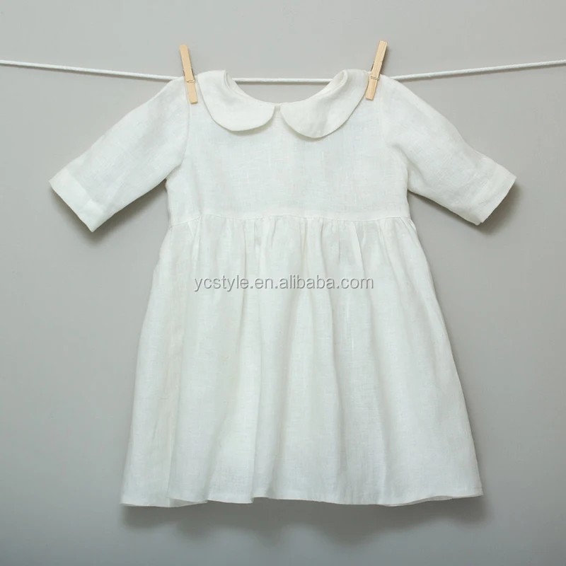 Baby toddler girls white linen dress with peter pan collar , white collar under knee baptism dress made with pre washed linen.