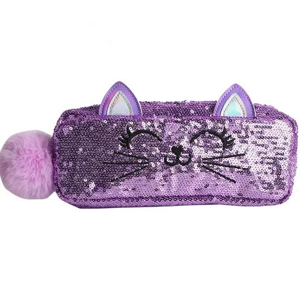 Custom cute school glitter sequin round pencil case with zipper