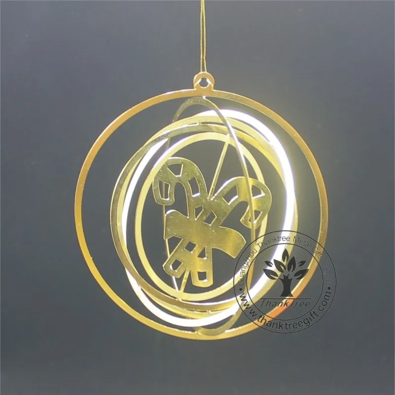 Holiday style gold plated round 3d die cut metal hanging ornament