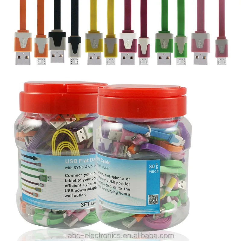 
wholesale Factory supply cheap 10 colors noodle flat micro usb cable 30pieces/jar 