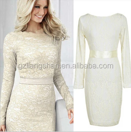 
OEM Wholesale New Sexy Women Winter Dress Long Sleeve Bodycon White Lace Knee Length Pencil Dress Party Dress 