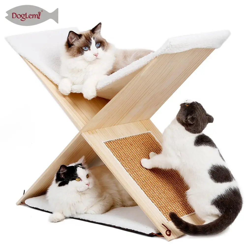 Nature Cat Beds Furniture Simple 2 Leve Furniture Cat Tree Solid Wooden Scratching Post Cat