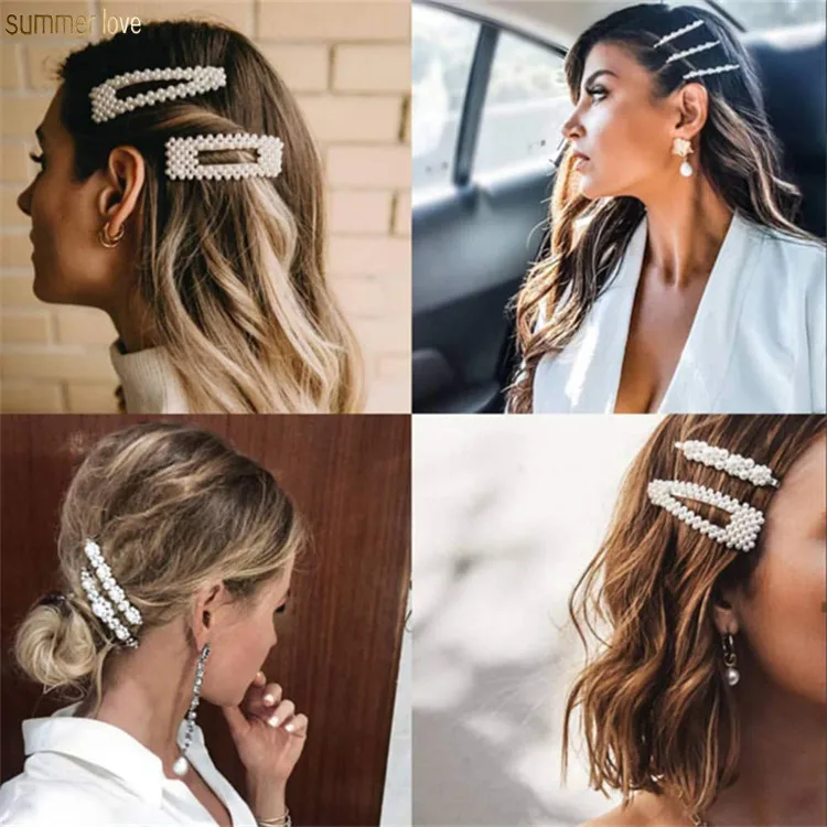 Korean Latest Women Kid Pearl Crystal Hairpin Metal Gold Snap Bow Hair Clips Extensions Bride Hair Accessories Jewelry