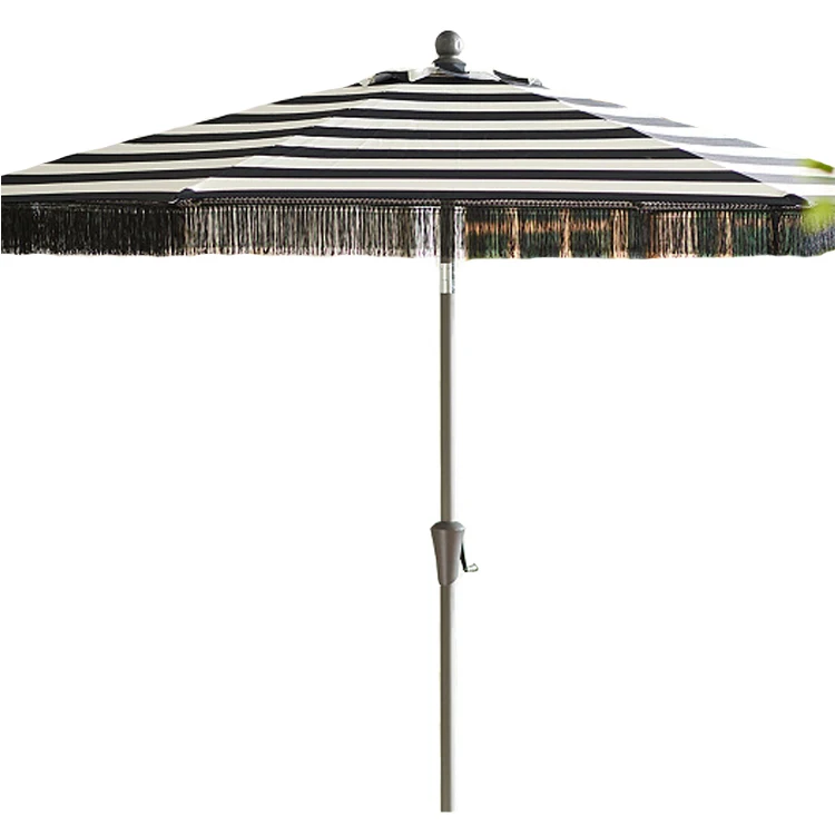 Courtyard Garden Table Black And White Striped Wood Patio Umbrella WIth Tassel
